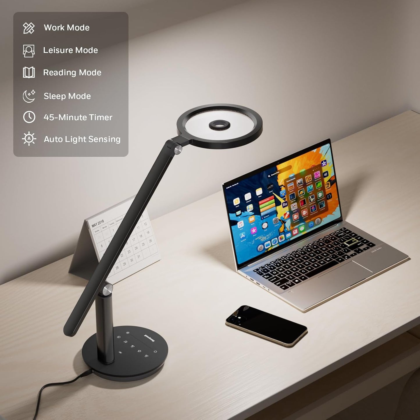 Honeywell Desk Lamp for Home Office, H6 Sunturalux™ Eye-Caring Led Desk Light, 800LM Dimmable Desk Lamp with Timer, Touch Control Tall Desk Reading Light, Table Lamp for Circle Webcam, Study, Bedroom