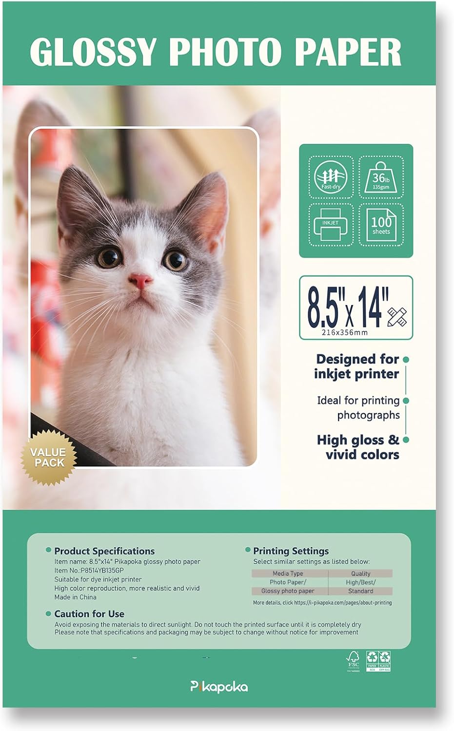 36lb Glossy Photo Paper, 8.5x14, Legal Size, Thin Glossy Photo Paper for Chip Bags, Inkjet, 100 Pack