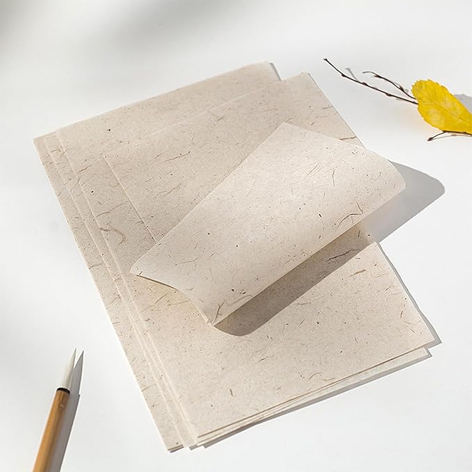 Benvo 50 Sheets A4 Natural Mulberry Paper Visible Leaves Fiber Rice Paper Printable Decoupage Tissue Paper Sheets for Writing, Painting, Card Making, DIY Crafts(8.3x11.7in, Semi Transparent Jute)
