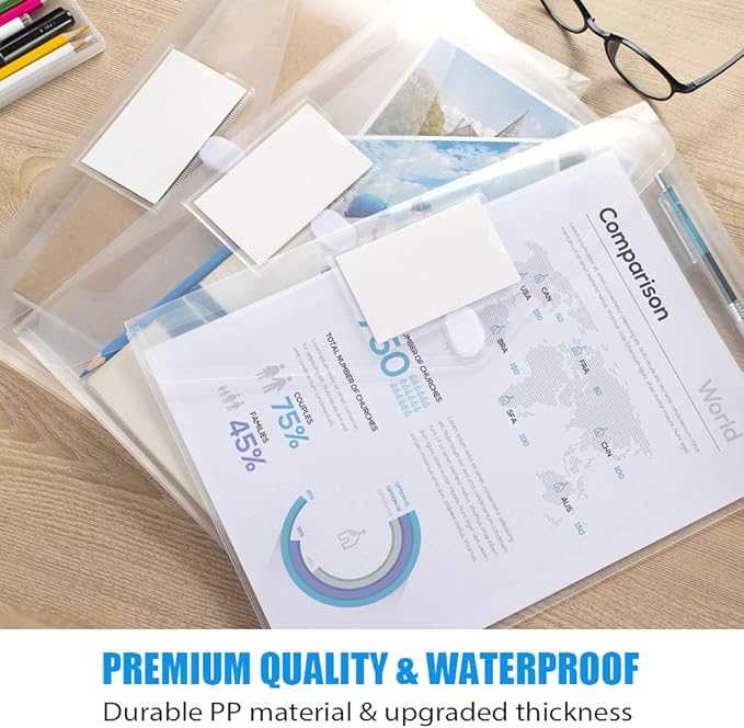 Sooez 24 Pack Plastic Envelopes Poly Envelopes, Clear Document Folders US Letter A4 Size File Envelopes with Label Pocket for School Home Work Office Organization, Clear