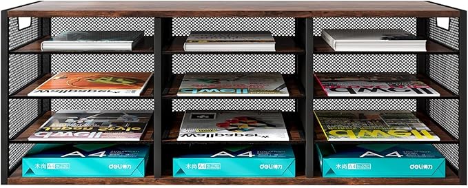 Mail Sorter Adjustable Holder, Countertop Literature Organizer, Student Mailbox for Classroom, Desktop Bill Paper Organizer for Office Home School, 12 Compartments, Brown