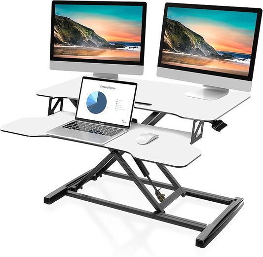 FITUEYES Height Adjustable Standing Desk 32” Wide Sit to Stand Converter Stand Up Desk Tabletop Workstation for Laptops Dual Monitor Riser White SD308003WW