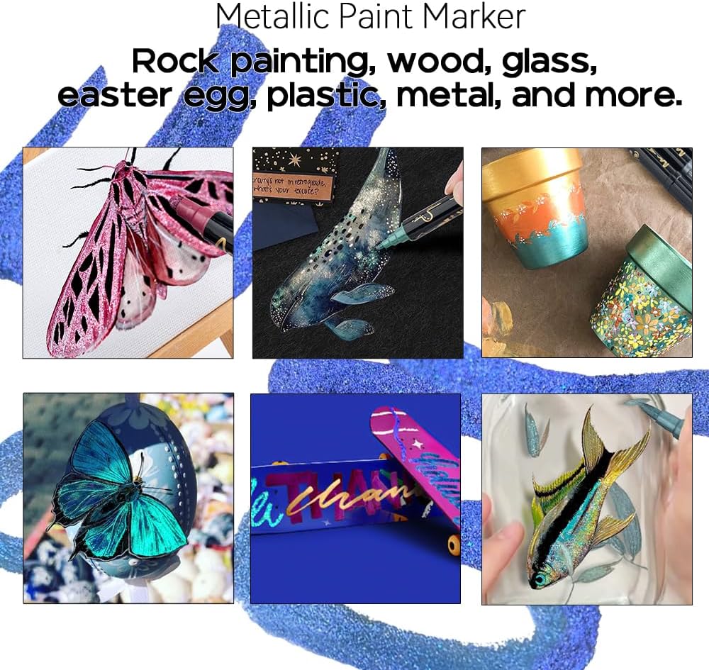 TRANSON 12Colors Metallic Paint Markers Brush and Fine Dual-tip for Rock Wood Ceramic Canvas DIY Painting Drawing