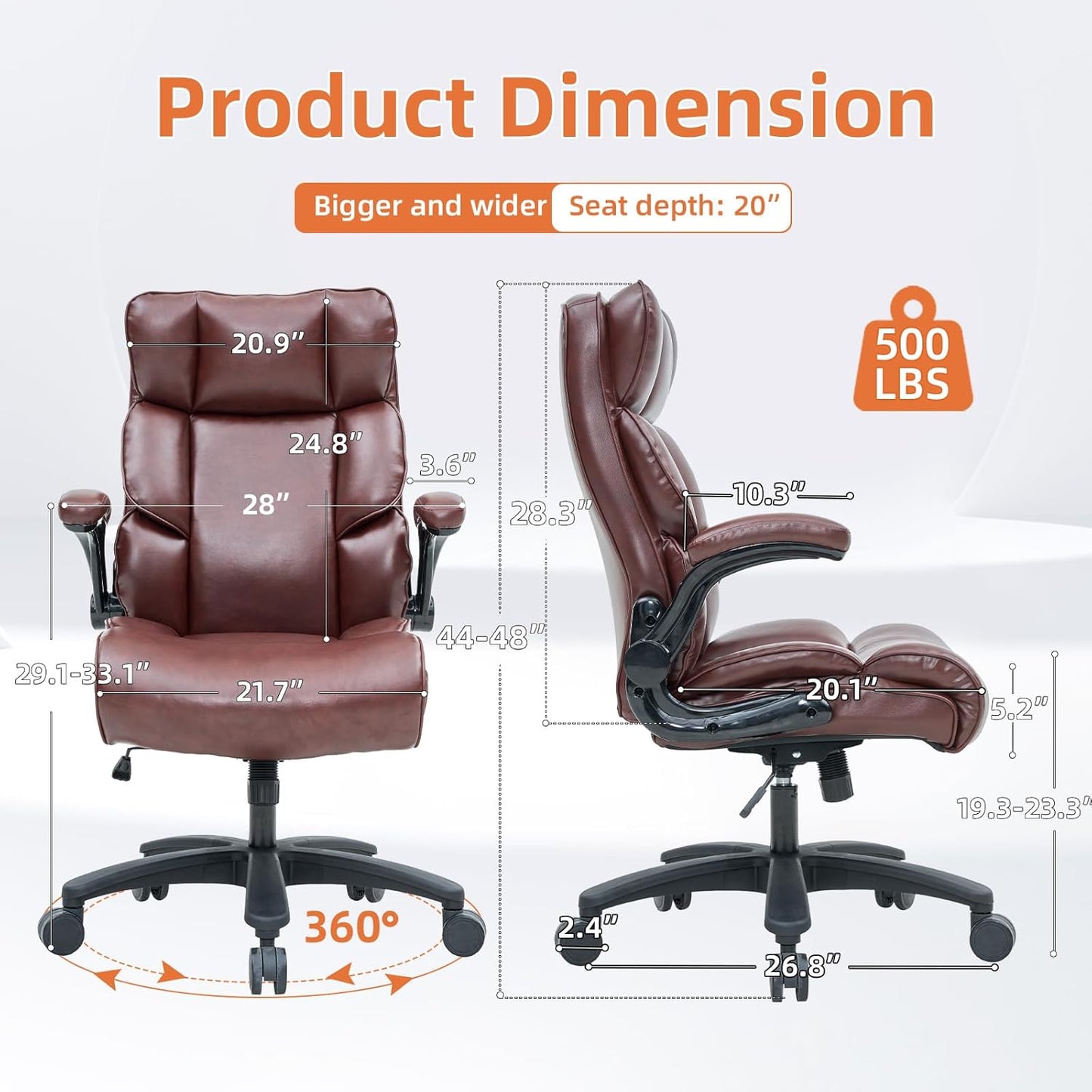 Big and Tall Office Chair 500lbs Wide Seat Executive Office Desk Chair High-Back Office Task Chair with Flip-Up Armrest, Ergonomic Lumbar Support Computer Office Chairs for Heavy People(Brown)