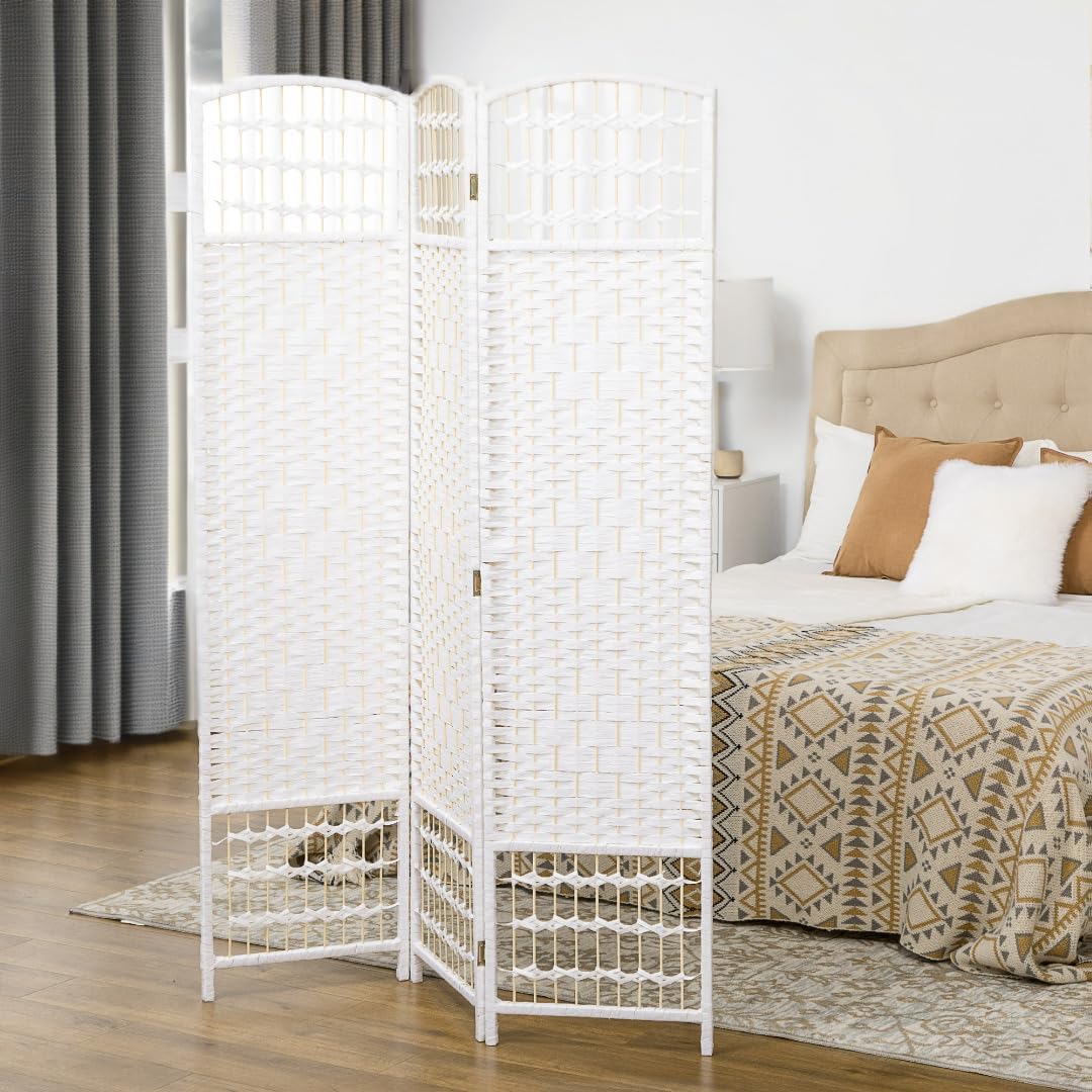 NicBex Room Divider 3 Panel Room Dividers with Woven Paper Design Partition Room Dividers and Folding Privacy Screens 5.6 FT Wall Divider for Office, Room Separation,47.25" W x 0.5" D x 67" H, White