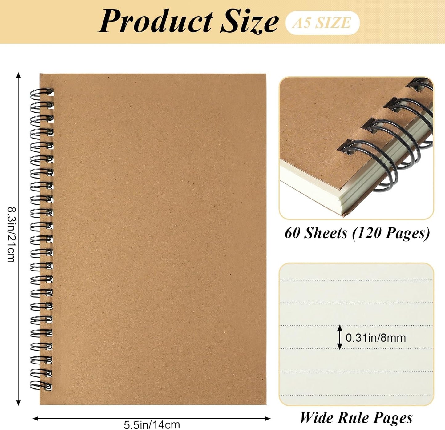 12 Pack Small Spiral Notebook A5 Lined College Ruled Spiral Journal Notebook 5.5 x 8.3 Inch Kraft Cover, 120 Pages for Work Students Office Business(Brown, Black)