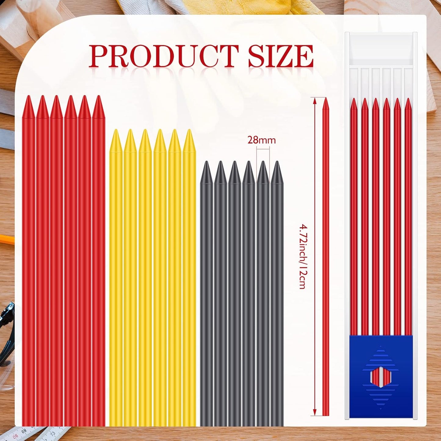 Spakon 60 Pcs 2.8mm Lead Refill Carpenter Construction Pencils Marker Lead Refills Dry Mechanical Woodworking Pencil Tools for Writing Drawing Drafting (Black,Red,Yellow)