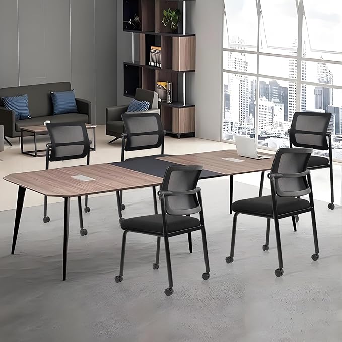 CLATINA Stacking Armless Office Waiting Room Chair with Wheels, Stackable Mesh Guest Reception Desk Chairs with Adjustable Backrest for Conference Lobby Side School, Black, 4 Pack