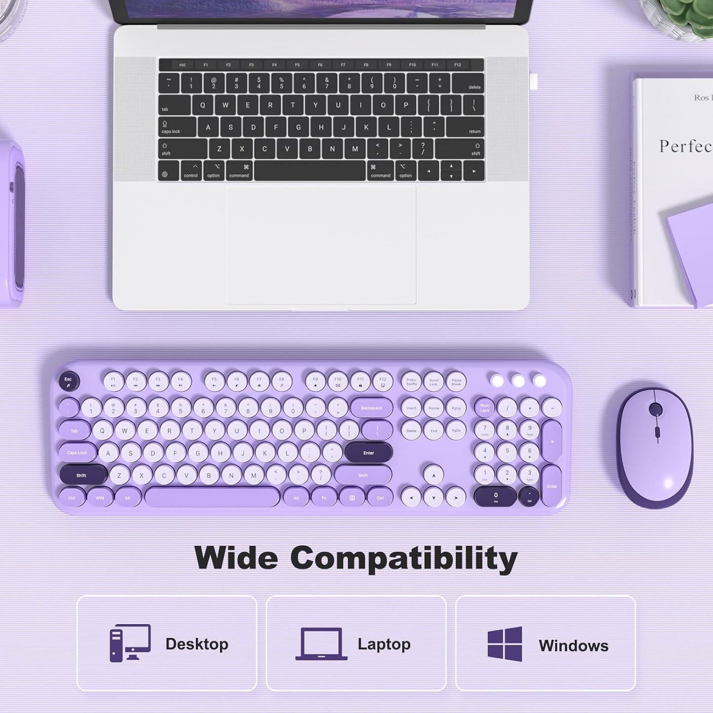 Wireless Keyboard and Mouse, 2.4Ghz USB Retro Full Size Typewriter Keyboard and Cute Mouse Combo for Windows 7/8/10, Laptop, Desktop, PC, Computer (Purple Colorful)