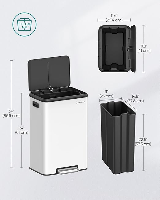 SONGMICS Kitchen Trash Can, 10.5-Gallon (40L) Garbage Can with Lid and Wide Foot Pedal, Soft Close and Stays Open, White ULTB541W40