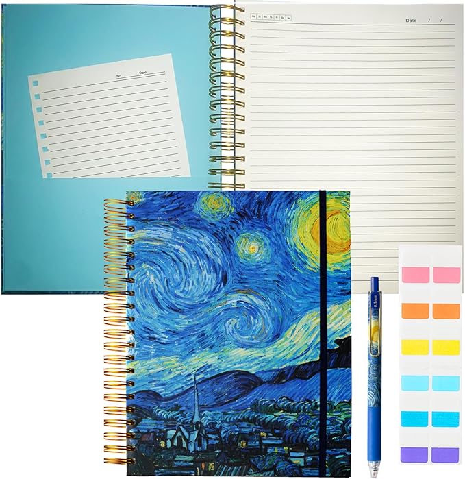 300 Pages Journal 100GSM Pages 3 Pockets Thick Superhard Cover Spiral Notebook 8.5x11 college ruled Spiral Journal Van Gogh Notebook Spiral Bound Journals for Women Writing School, Gift Starry Night Notebook