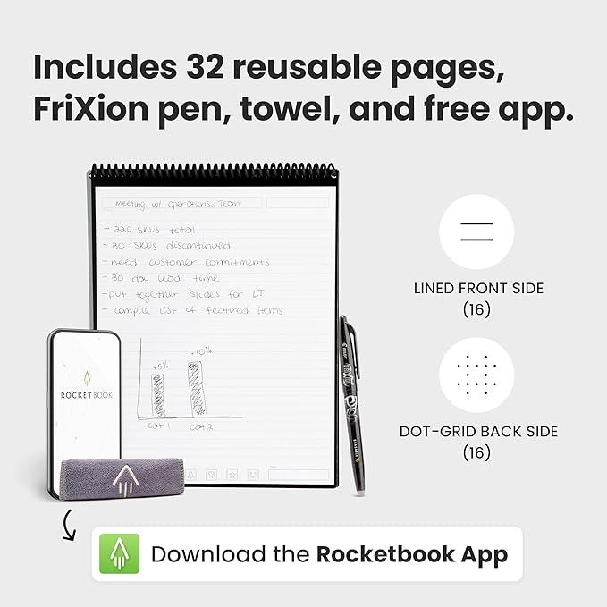 Rocketbook Flip - with 1 Pilot Frixion Pen & 1 Microfiber Cloth Included - Gray Cover, Letter Size (8.5" x 11")