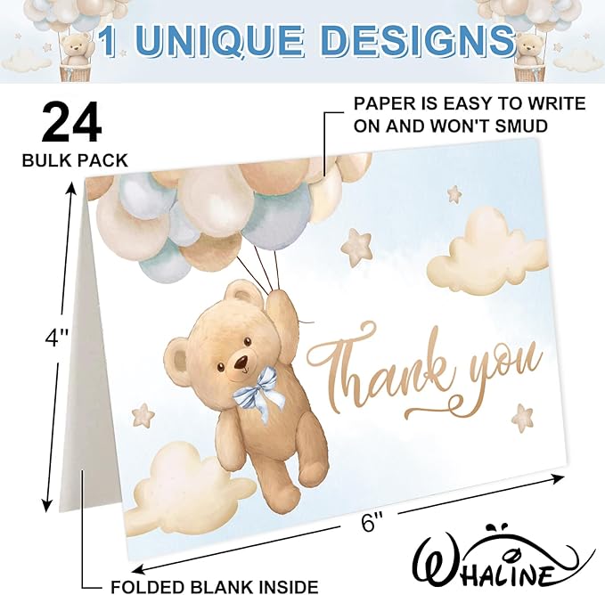 Whaline 24Pcs Bear Thank You Cards Watercolor Bear Balloon Greeting Cards with Envelope Stickers Cartoon Blank Note Cards for Birthday Wedding Baby Shower Party Supplies, 4 x 6 Inch