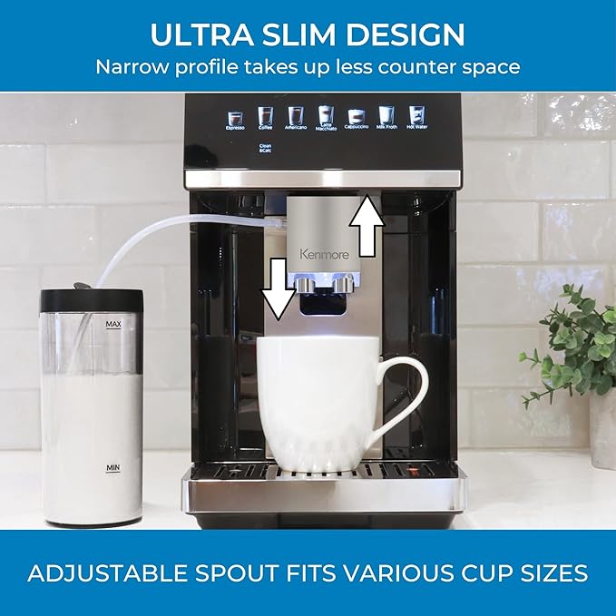 Koolatron Kenmore Espresso Machine – All-In-One Fully Automatic Coffee Maker with Auto Tamper, Descaler, Milk Steamer & Frother, Bean Grinder, Professional Barista Style Cappuccino, Cafe Latte, Black