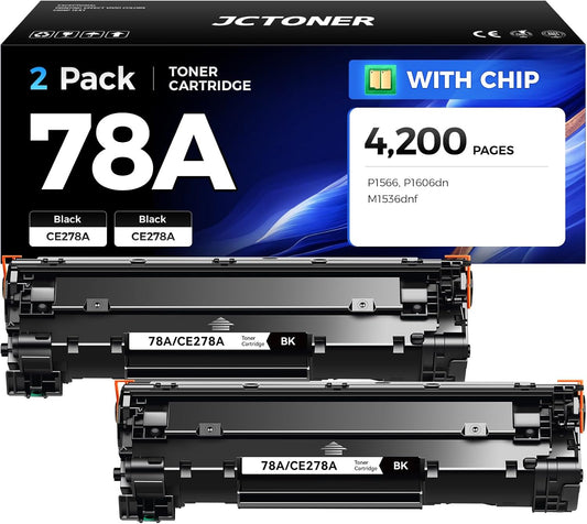 78A Black Toner Cartridge (2-Pack) with chip High Yield Replacement for HP 78A CE278A Toner Cartridges Compatible with HP Laserjet Pro MFP M1536dnf P1566 P1606dn Printer M1536 P1606 Series Ink Copy