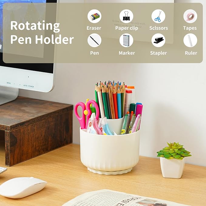 Marbrasse Desk Organizer, 360-Degree Rotating Pen Pencil Holder for Desk, Desk Organizers and Accessories with 5 Compartments Pencil Organizer, Art Supply Storage Box Caddy for Office, Home(Beige)