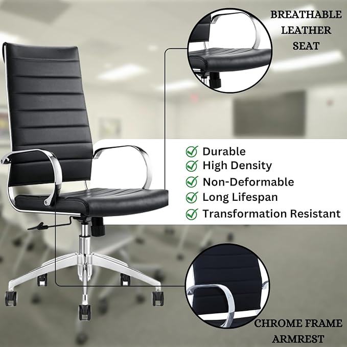 Ribbed High Back Conference Room Chairs- Lumbar Support, Modern Style Executive Chair for Home and Office - 360 Swivel Rolling Wheels - Aluminum Chrome Frame & Base - Black (Pack of 4)