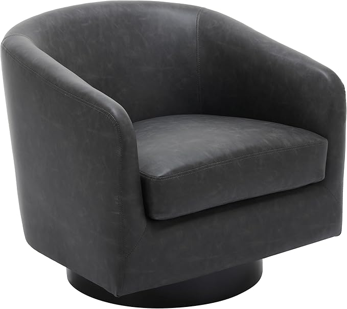 UIXE Faux Leather Swivel Accent Chair with Wood Base, Modern Upholstered Barrel Chairs for Living Room, Comfy Round Armchair Single Sofa Bedroom Reading Seat - 31" W, Black