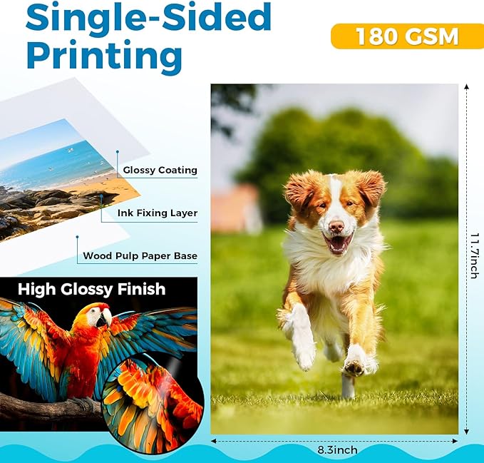 Glossy Photo Paper for Printer - 20 Sheets 8.3 x 11.7 In Inkjet Photo Printer Paper, Instant Dry Single-sided Printing Picture Paper for DIY Picture Wall, Greeting Card, Menu, Brochure, Decors