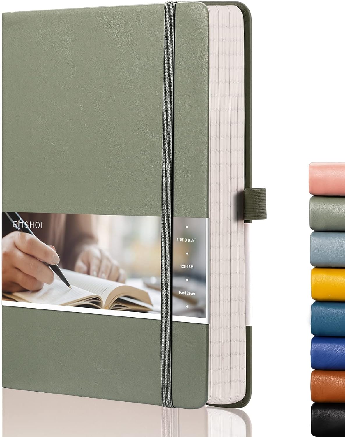 EMSHOI Lined Journal Notebook - 120gsm Thick Leather Journal with Sticky Notes, 256 Numbered Pages A5 Hardcover College Ruled Notebook for Women Men Work School Writing, Medium 5.75" x 8.38"-Green