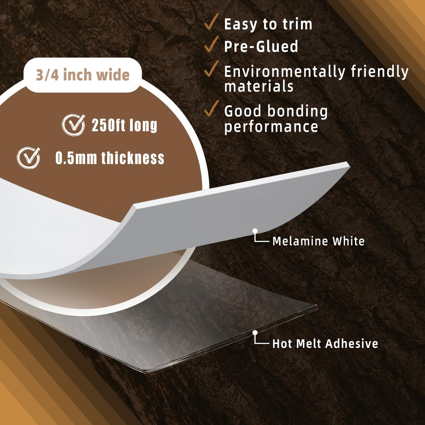 GSCIT Club White Edge Banding, 3/4 inch x 250ft Melamine Edge Banding with Hot Melt Adhesive Preglued Cabinet Edge Banding Flexible White Veneer Edging