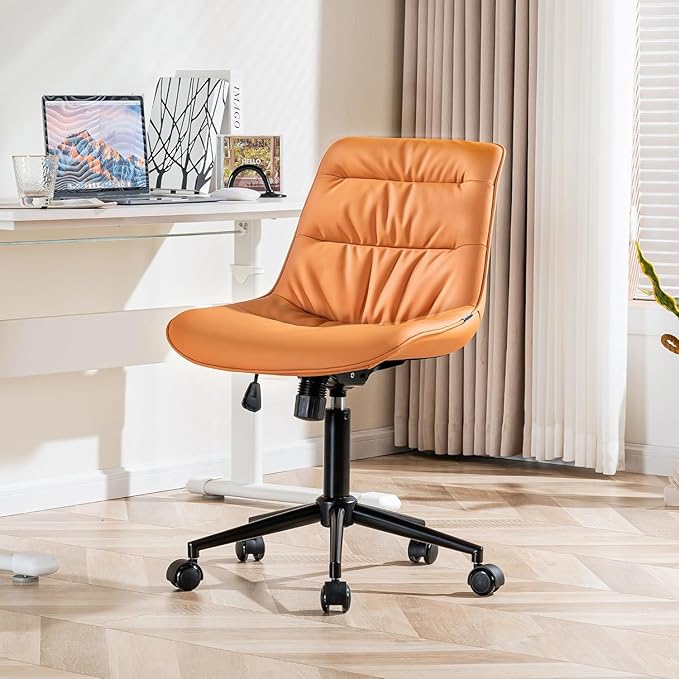 Kidol & Shellder Faux Leather Office Chair, Adjustable Swivel Height Task Chair, Rolling Wheels & Soft Backrest - Armless Ergonomic Desk Chair for Home, Office,Vanity,Gaming（Orange）