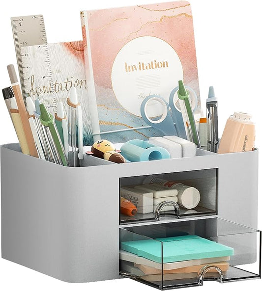 Marbrasse Pen Organizer with 2 Drawer, Multi-Functional Pencil Holder for Desk, Desk Organizers and Accessories with 5 Compartments + Drawer for Office Art Supplies (Grey)