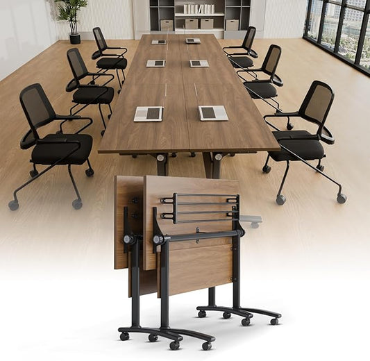 Conference Room Table with Silent Wheels, Mobile Folding Conference Table for 16 Person,Flip Top Office Training Tables with Walnuts Wood Tabletop, for School,Business Meeting Rooms (2 Pack 47in)