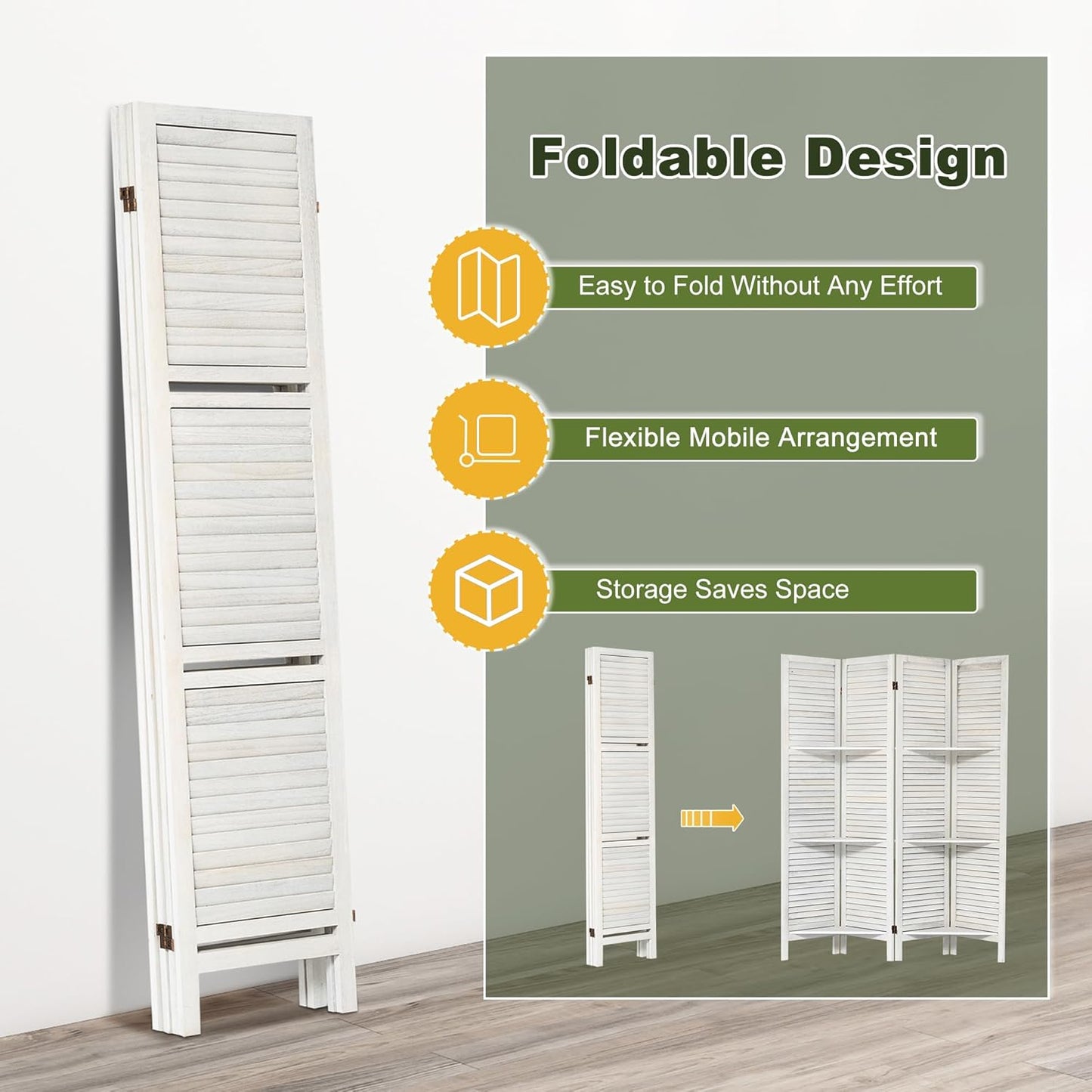 NicBex 4 Panel Room Divider 5.6FT Louvered Design Room Dividers with Display Storage Shelves Folding Privacy Screens Portable Freestanding Partition Wall Dividers for Home Bedroom Office, White
