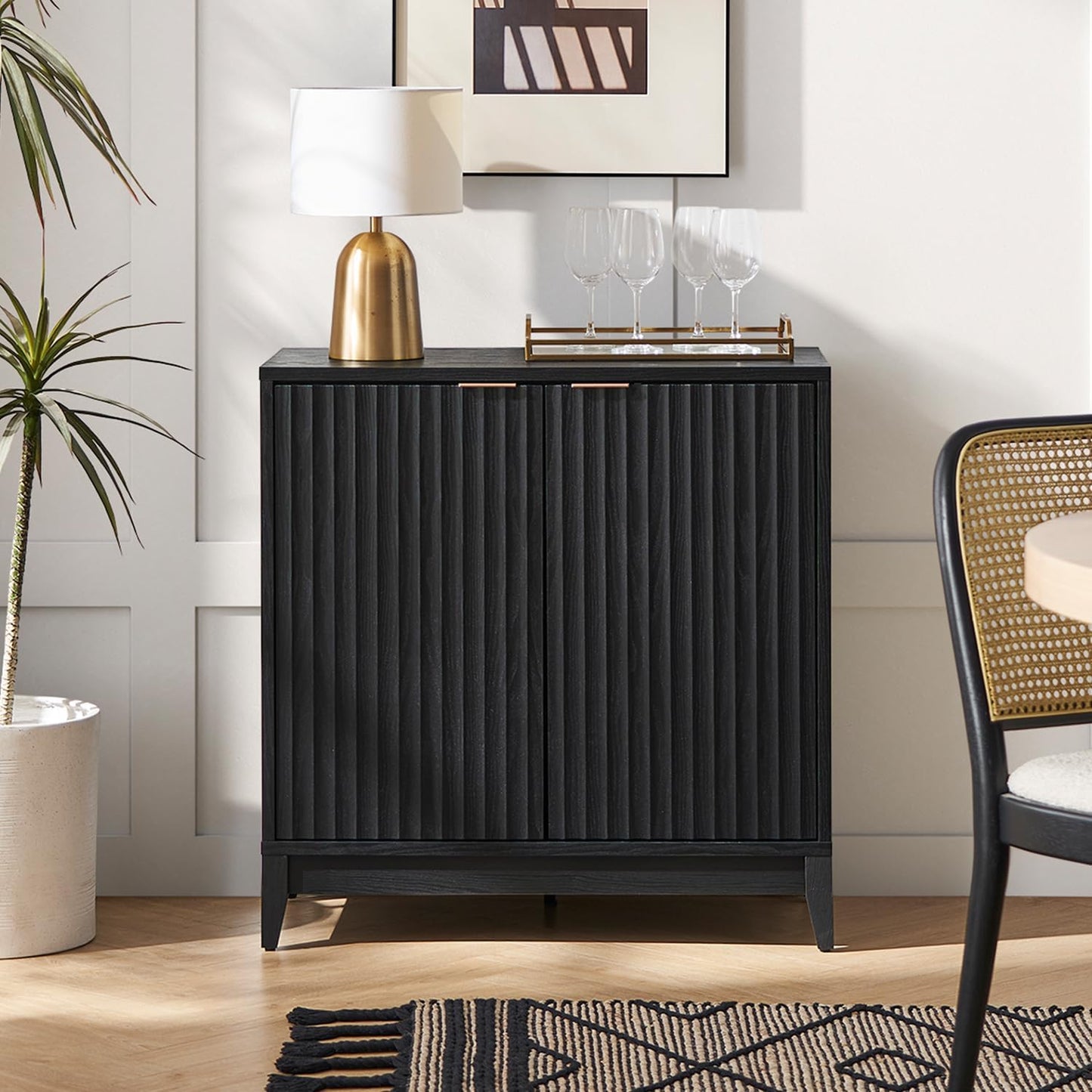 mopio Brooklyn Storage Cabinet, Modern Farmhouse Entryway Accent Case, Buffet Sideboard, Console Table, Credenza, Wood Modular Organizer with Doors & Shelf, Fluted Panel Cupboard (Black, Single)