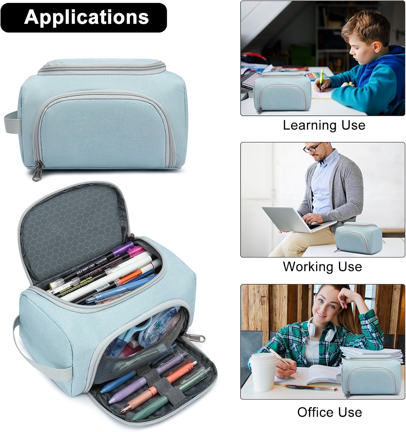 XQXA Extra Large Capacity Pencil Case Organizer, Multifunctional Pencil Pouch with Compartmens, Travel Simple Stationery Bag, Nylon Pencil Bag for Adults (Blue)