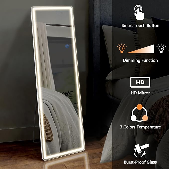 64"x21" Full Length Mirror with LED Lights, Lighted Full Body Mirrors, Aluminum Frame Mirror with Dimming & 3 Color Lighting, Hanging Mounted Mirrors for Bedroom Dressing Room Cloakroom