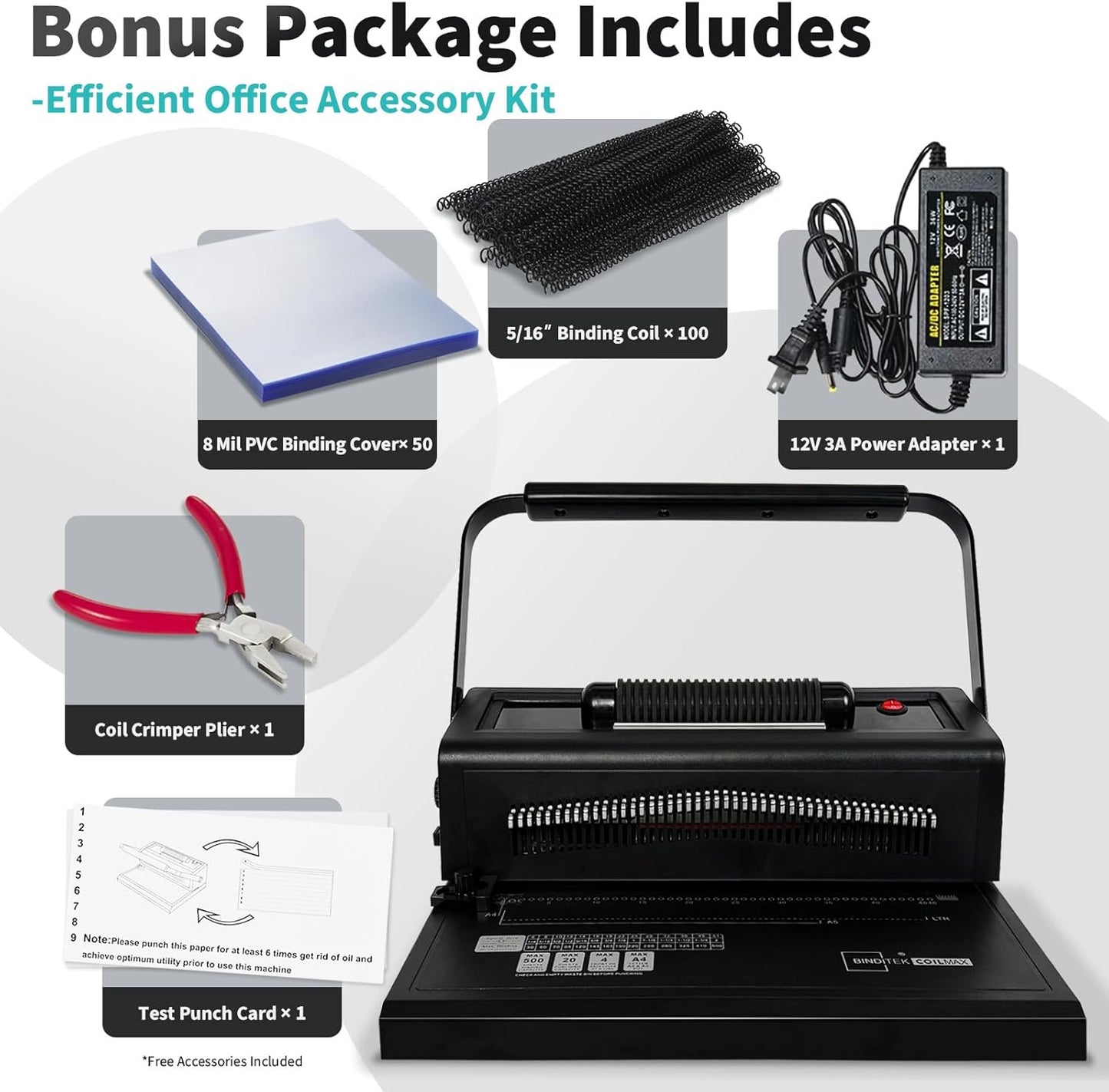 Binditek Spiral Binding Machine for Letter Size/A4/A5, Manual Round Hole Punch, Disengaging Pins, Adjustable Side Margin, with 100 pcs 5/16" Binding Coils, Pliers, PVC Covers & Power Adapter