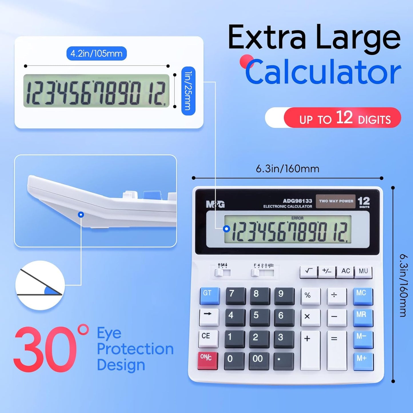 M&G Desk Calculator 12 Digit Extra Large LCD Display, Dual Solar Power and Battery, Accounting Calculator with Big Button, Battery Include, Perfect for Office Business Home Daily Use