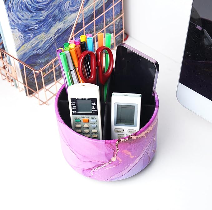 Round Leather Art Supply Organizer,Remote Control Holder,360-degree Rotating Pen Organizer with 4 Compartments(1-Purple Blue Splash Ink)