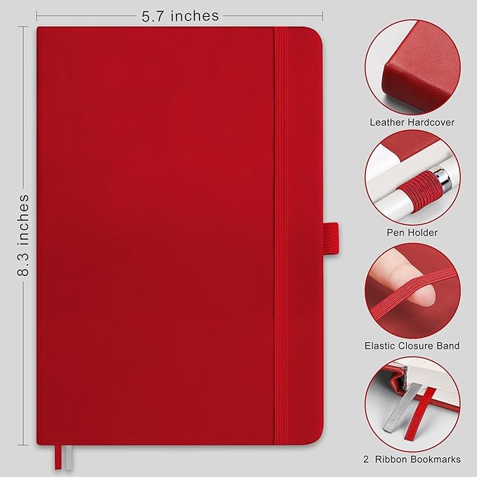 RETTACY Bullet Dotted Journal Notebook, 192 Pages, A5 Medium Size (5.7'' x 8.3''), Leather Hardcover, 100 GSM Thick Paper, for Bullet Journaling, Planning, Tracking (Red)