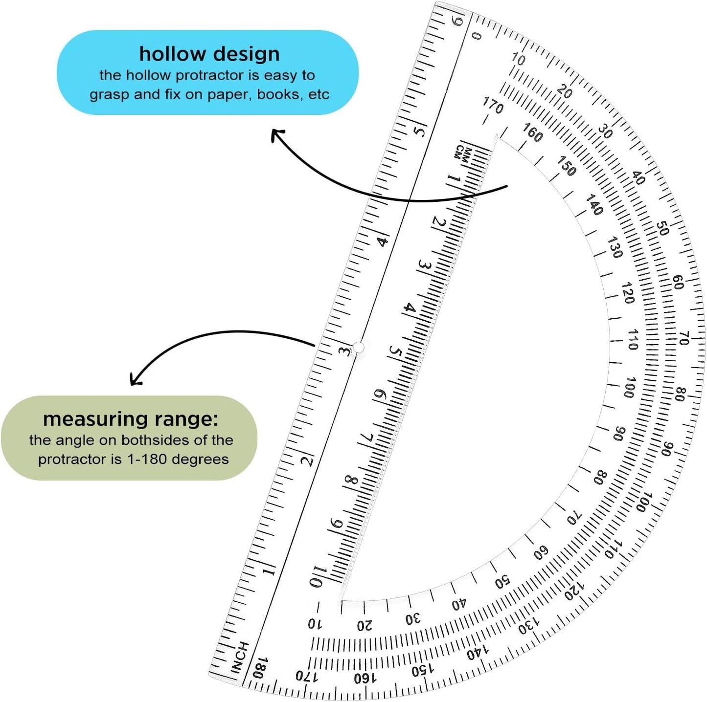 Zonon 3 Pieces Plastic Protractors Bulk Classroom Clear Math Protractors 180 Degrees 6 Inch for Geometry Student, Angle Measurement, Students Back to School Supplies Office Supplies