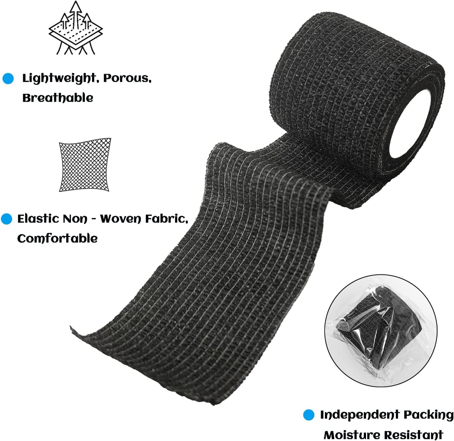 24 Rolls Black Elastic Self Adhesive Bandage Wrap, Breathable Flexible Fabric Non Woven Cohesive Bandage, Ankle Sprains Swelling Medical First Aid Sports Athletic Tape, Dogs Pet Vet Wrap 2 in