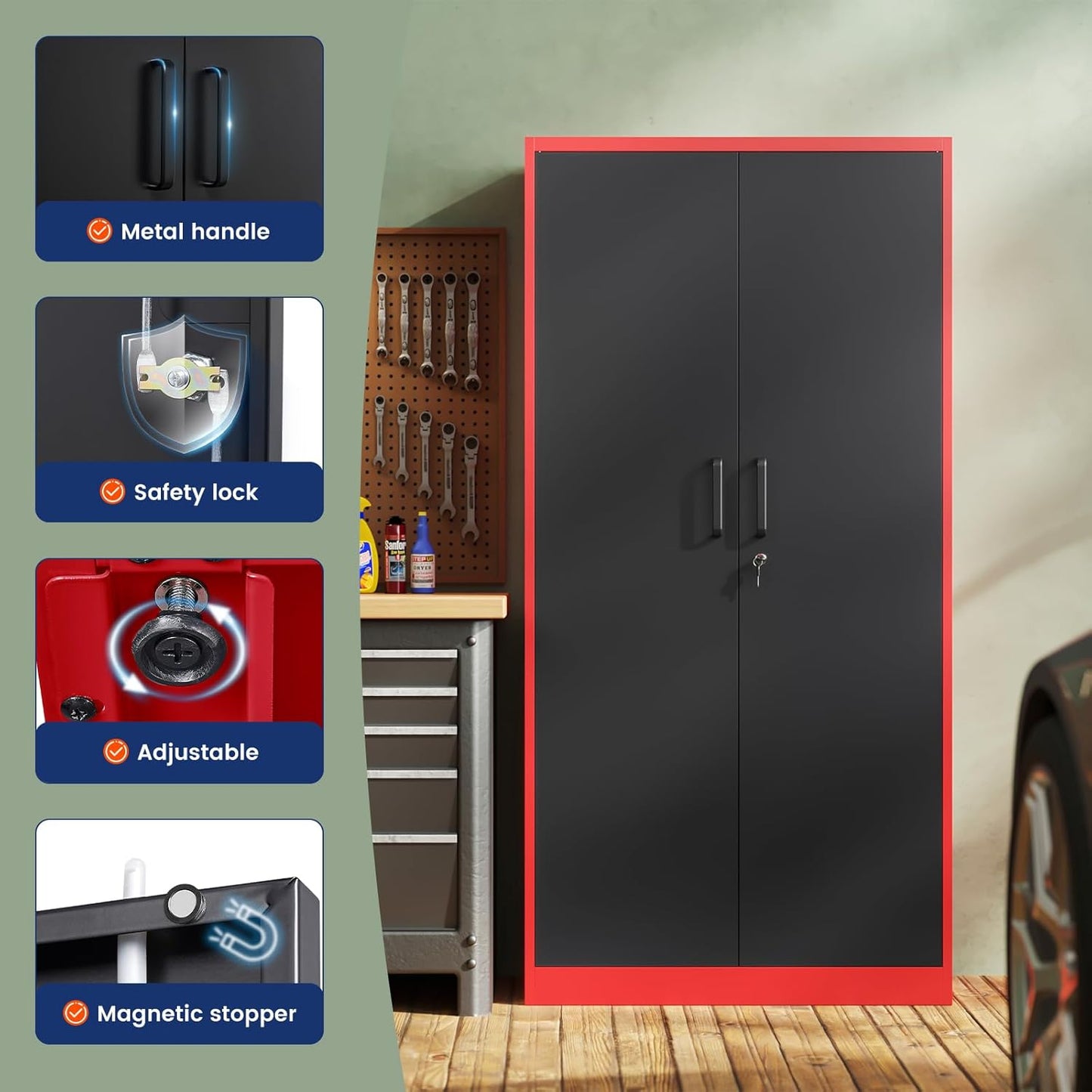 Yizosh Metal Storage Cabinet with Lock Doors and 5 Adjustable Shelves,- 72" Garage Storage Cabinet for Home,Office,Garage,School