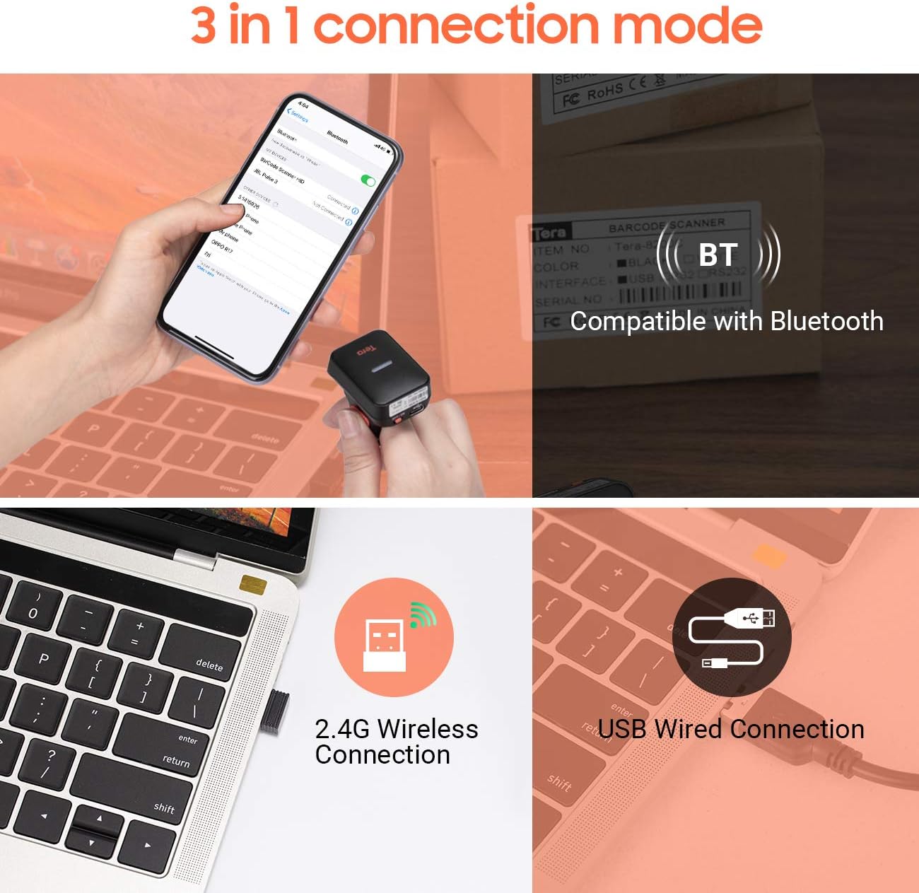 Tera 1D Wireless Barcode Scanner Compatible with Bluetooth, Printed Digital Barcode Reader Scanner Mini Wearable for Windows, Mac OS, Android with Vibration Alert Model HW0011