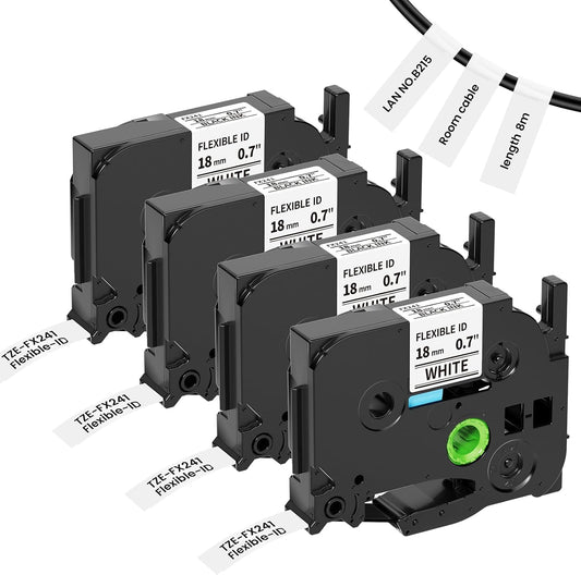 TZe-FX241 Flexible ID Laminated 18mm 0.7 Laminated White Cable Wire Labels Compatible with Brother P Touch for Wire Wrapping and Flagging, 26.2FT/8M for D400/D410/D600/Label Maker Tape, 4 pk