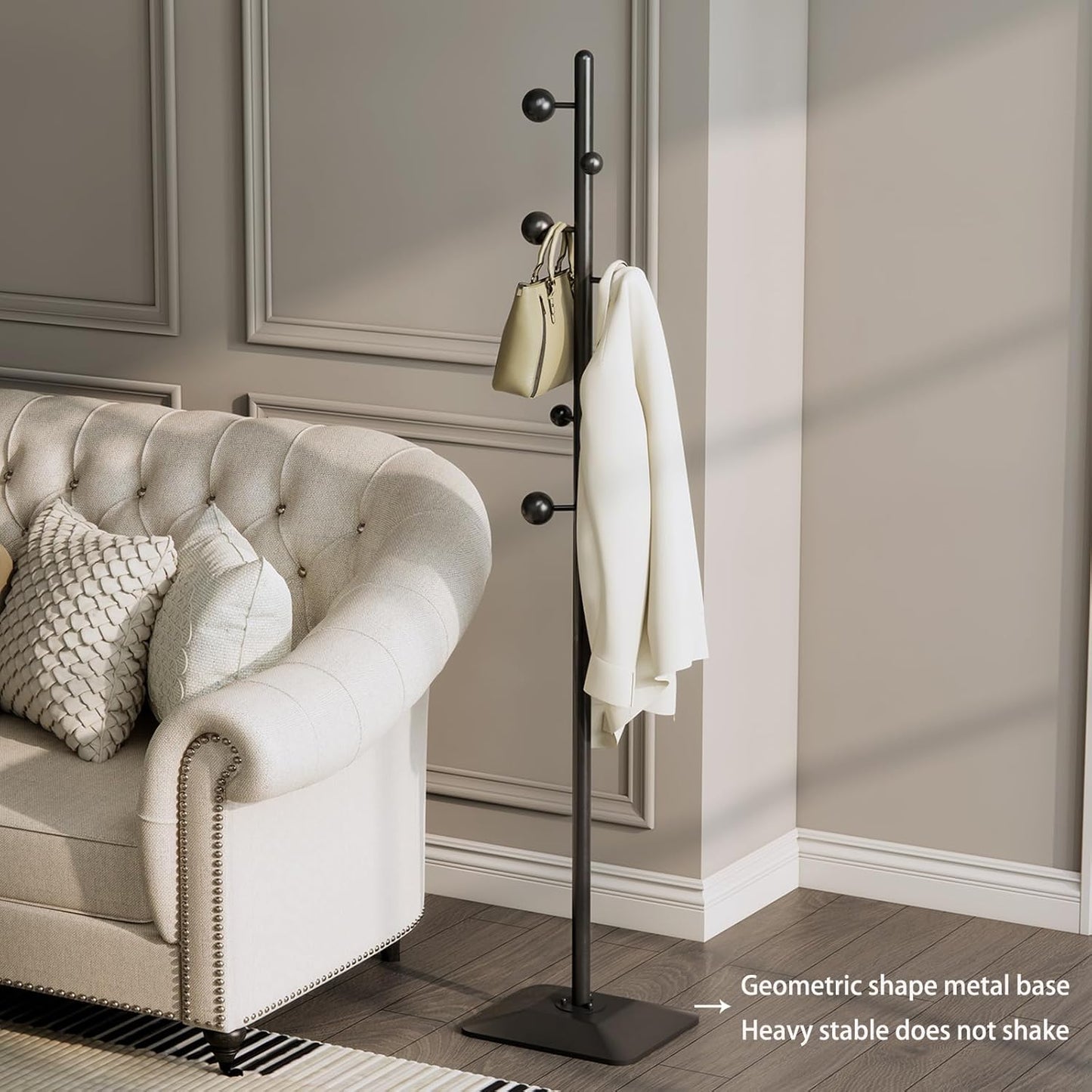 Metal coat rack stand with geometric shape metal base,Heavy duty coat rack freestanding with 7 ball hooks,Coat racks tree hats hanger holder stand for entryway, hallway, bedroom