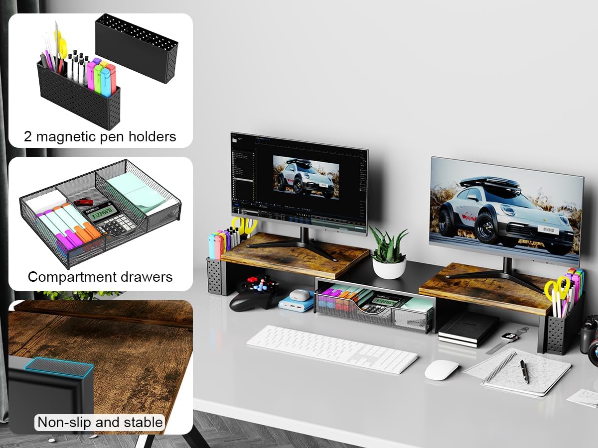 Spacrea Metal Desk Organizers and Accessories, Dual Monitor Stand Riser with Drawer and 2 Pen Holders, Desk Accessories & Workspace Desktop Organizers for Office Supplies (Wood)