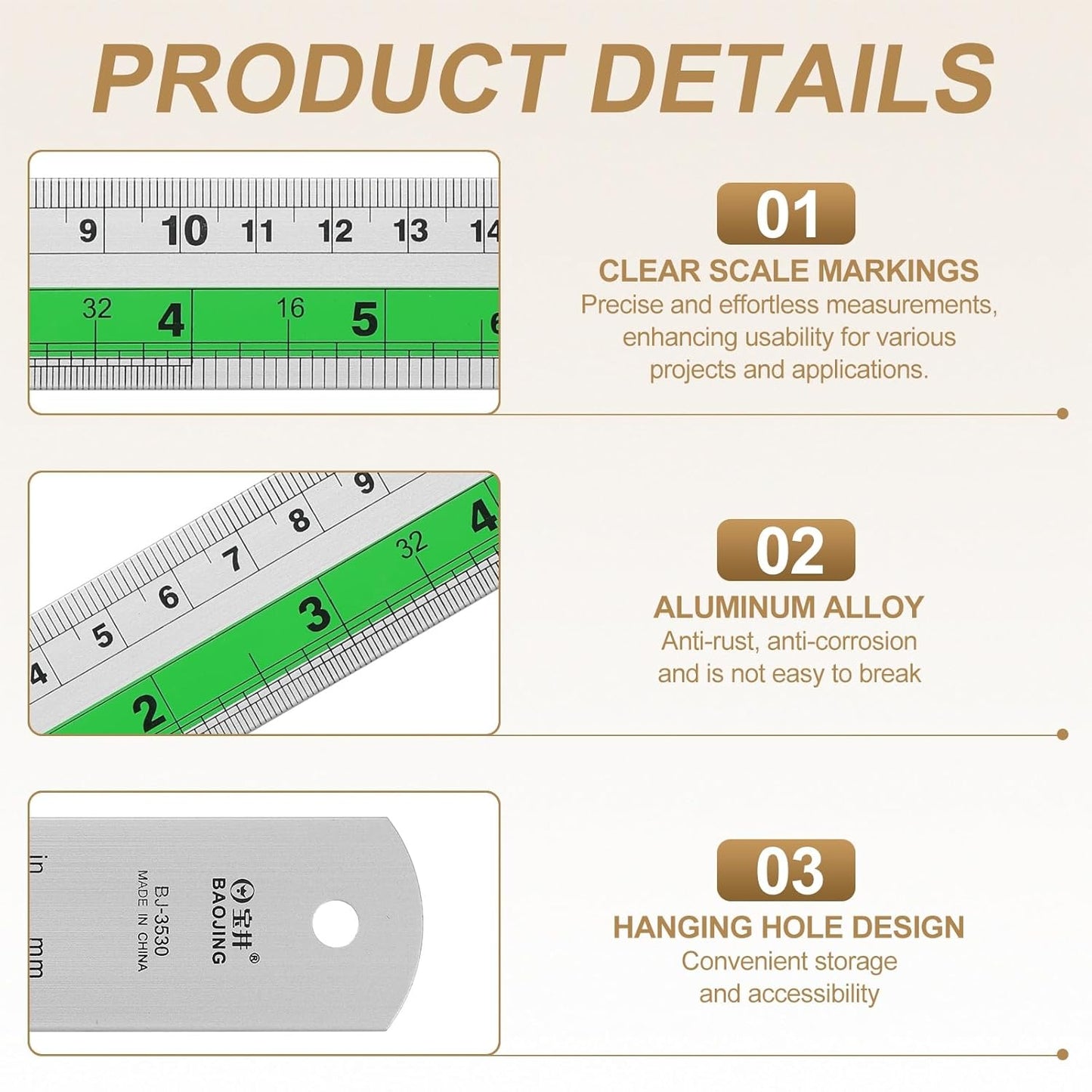 HARFINGTON 4pcs Metal Straight Ruler 30cm Metric SAE Aluminum Alloy Measuring Rulers Scale Tool with Hole for Measure Study Reading Classroom Office, Green