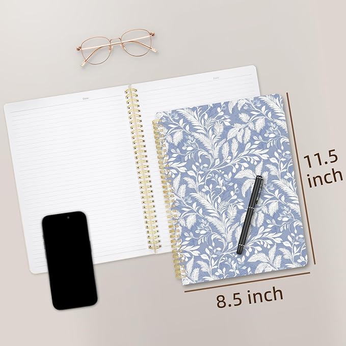 Cute Spiral Notebook journal A4 Aesthetic Pretty Design for Women Girls Kawaii with Pocket, 8.5 x 11 inch, Lined, Blue Leaves
