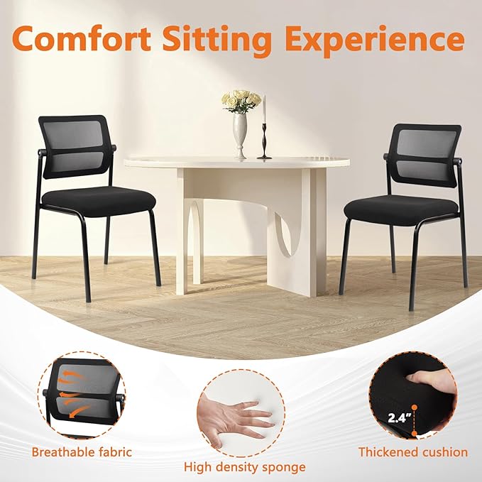 CLATINA Stacking Armless Office Waiting Room Chair with Adjustable Backrest, Stackable Mesh Guest Reception Desk Chairs with Ergonomic Lumbar Support for Conference Lobby Side School, Black, 4 Pack