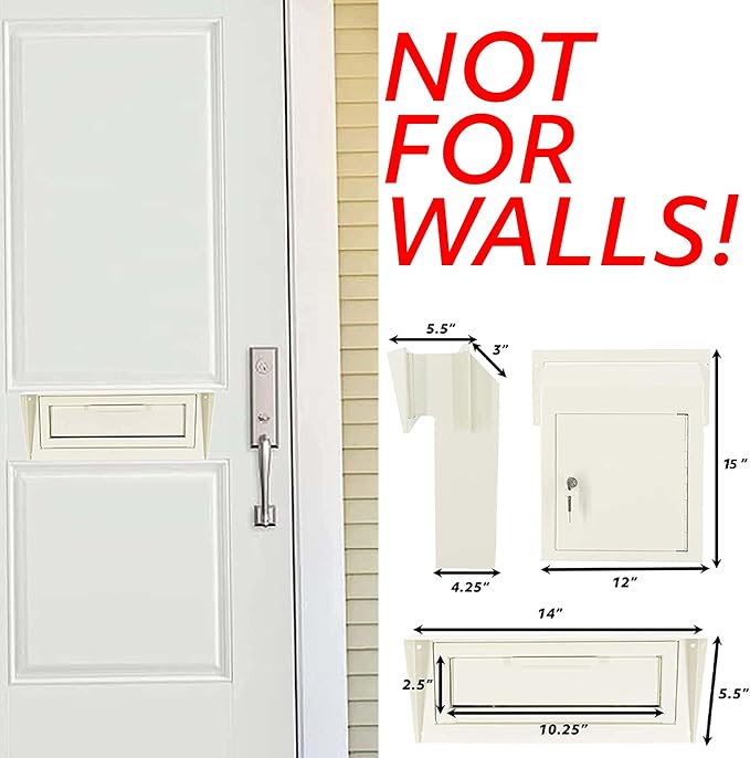 Pochar Door Drop Box for Mail, Rent, Deposit, and Night Key - Door Mount Locking Mailbox with Rear Access Through The Door (10.5'' x 2.25'' Mail Slot) (12'' x 4.25'' x 15'' (Rainproof), (Beige)