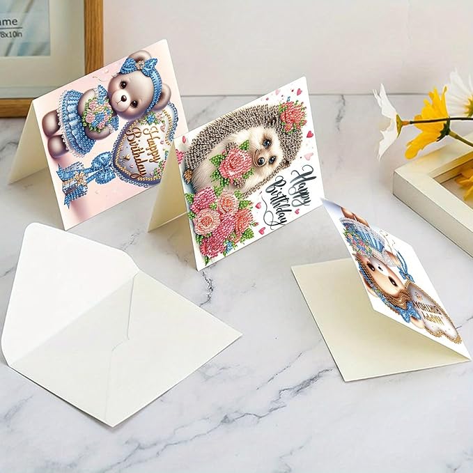 Tontut 6 Pieces Diamond Art Painted Greeting Cards, Owl Hedgehog Bear 5D DIY Special Shape Diamond Card Creative Gifts, Christmas Thanksgiving Greeting Card Congratulation