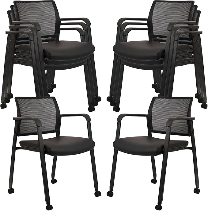 CLATINA Stacking Office Chair with Wheels, Mesh Back Waiting Room Guest Chairs with Arms Comfortable Leather Cushion Stackable Desk Chair for Conference Reception School Side Stationary, Black, 8 PK
