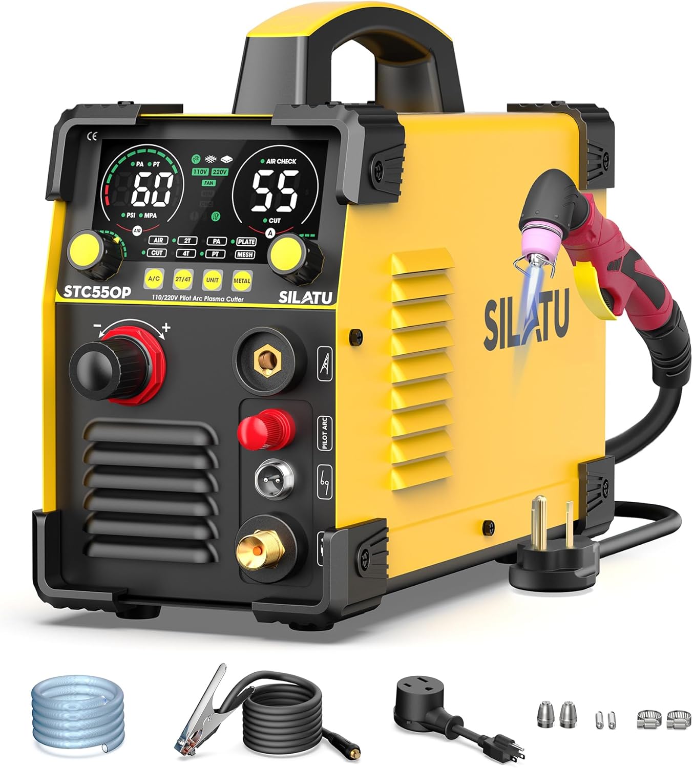 SILATU 55Amps Plasma Cutter, Large LED Display, Non-Touch Pilot Arc, Air Sensor Technology, 110/220V Dual Voltage IGBT Inverter Plasma Cutter Machine, 1/2'' Clean Cutting Thickness for Beginners DIY